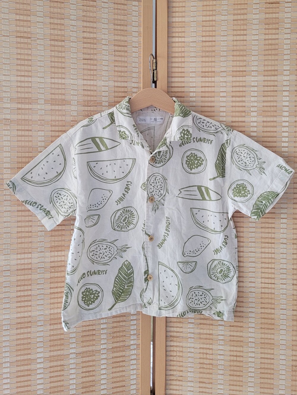 Zara Kids White & Light Green Fruit Print Button-Up Shirt
